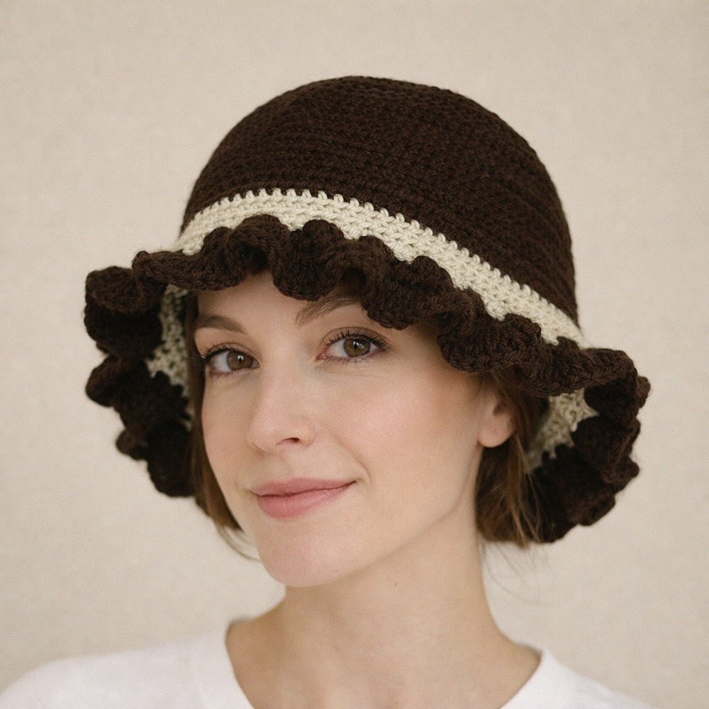 Handmade Crochet Ruffle Bucket Hat Brown Cream Cottagecore Granny Artsy Retro